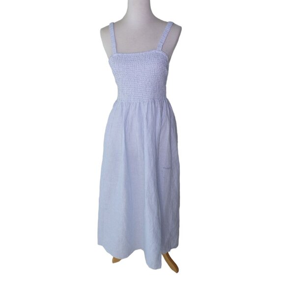 🆕J CREW Smocked Beach Dress Blue Stripe Cotton X-Small #BF192 - Picture 5 of 10